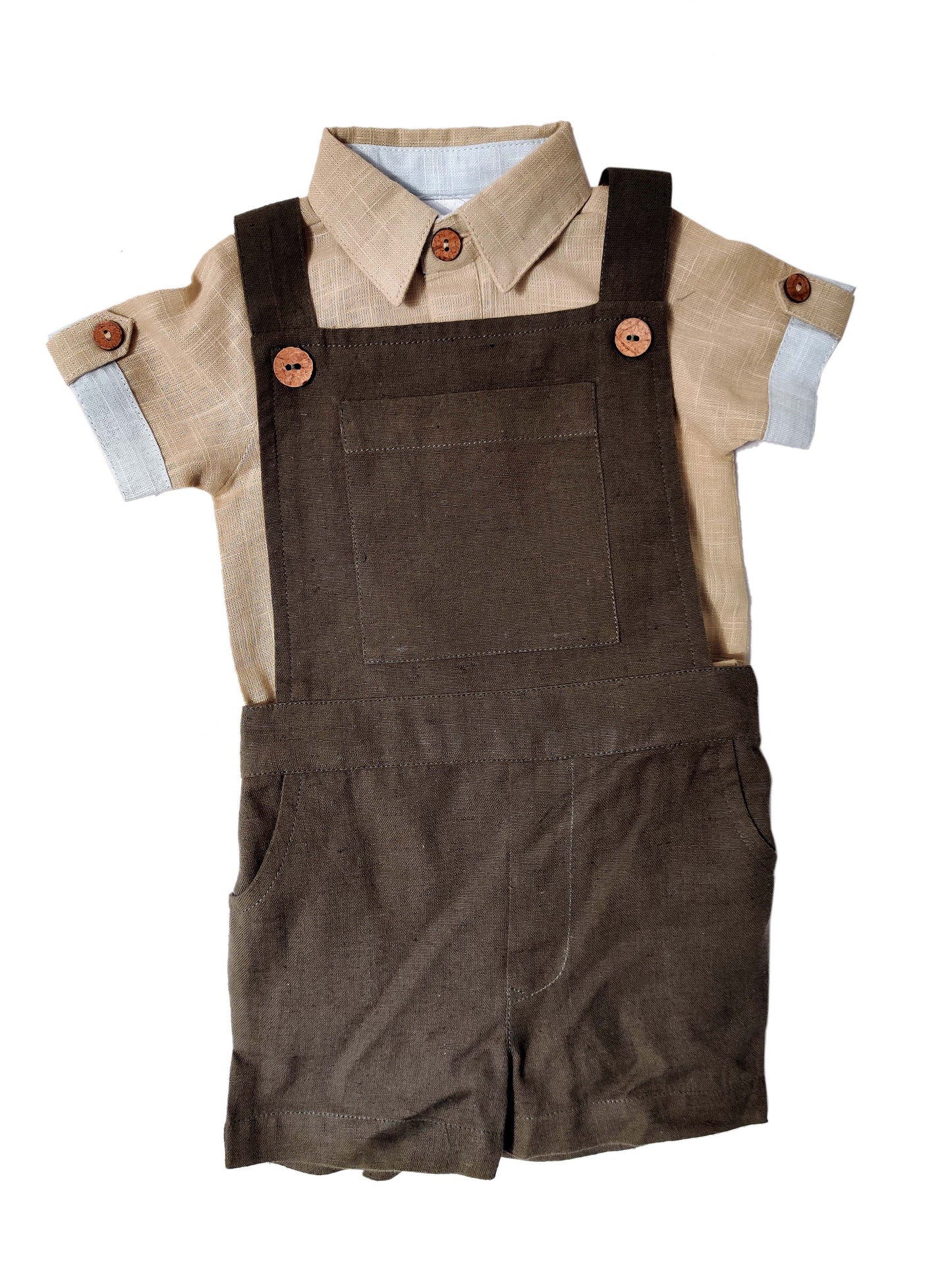Infant Romper-Shirt and Overalls Set - Beige & Olive