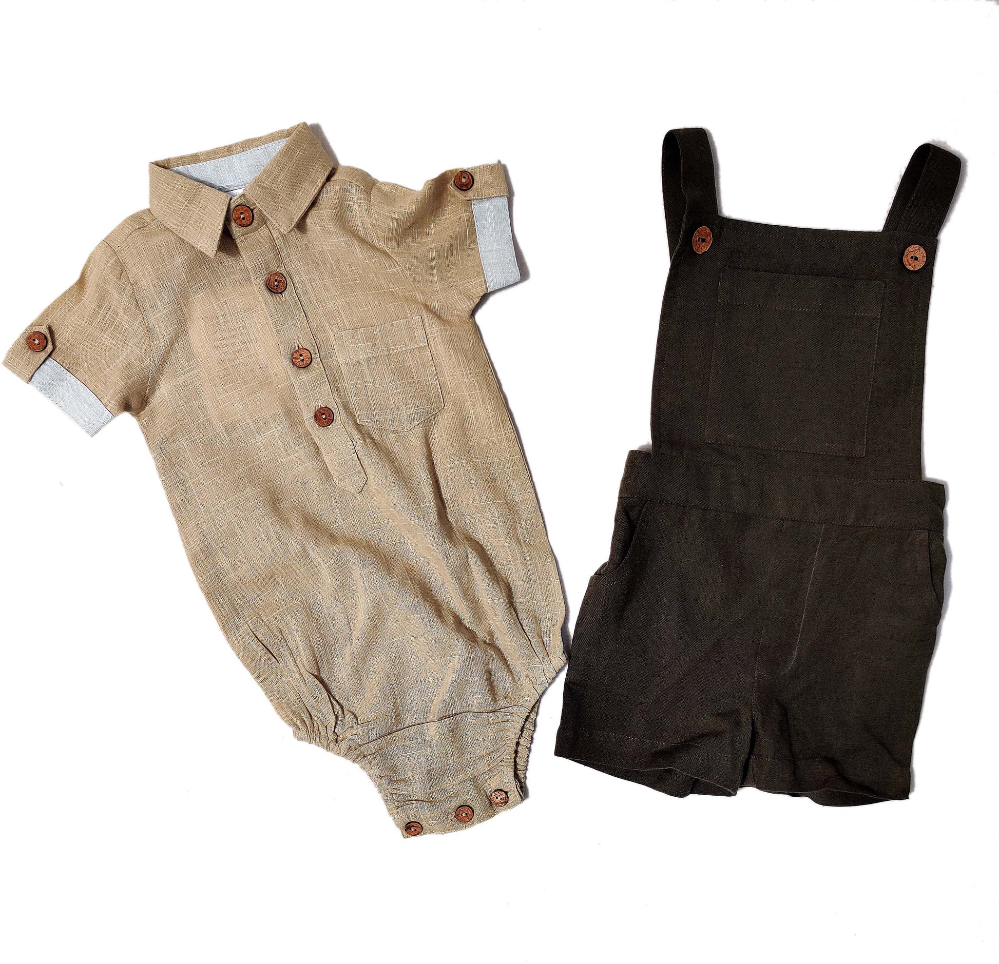 Infant Romper-Shirt and Overalls Set - Beige & Olive