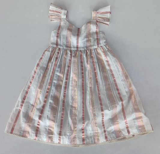 Off-White Multi Color Lurex Sleeve Ruffle Gathered Dress