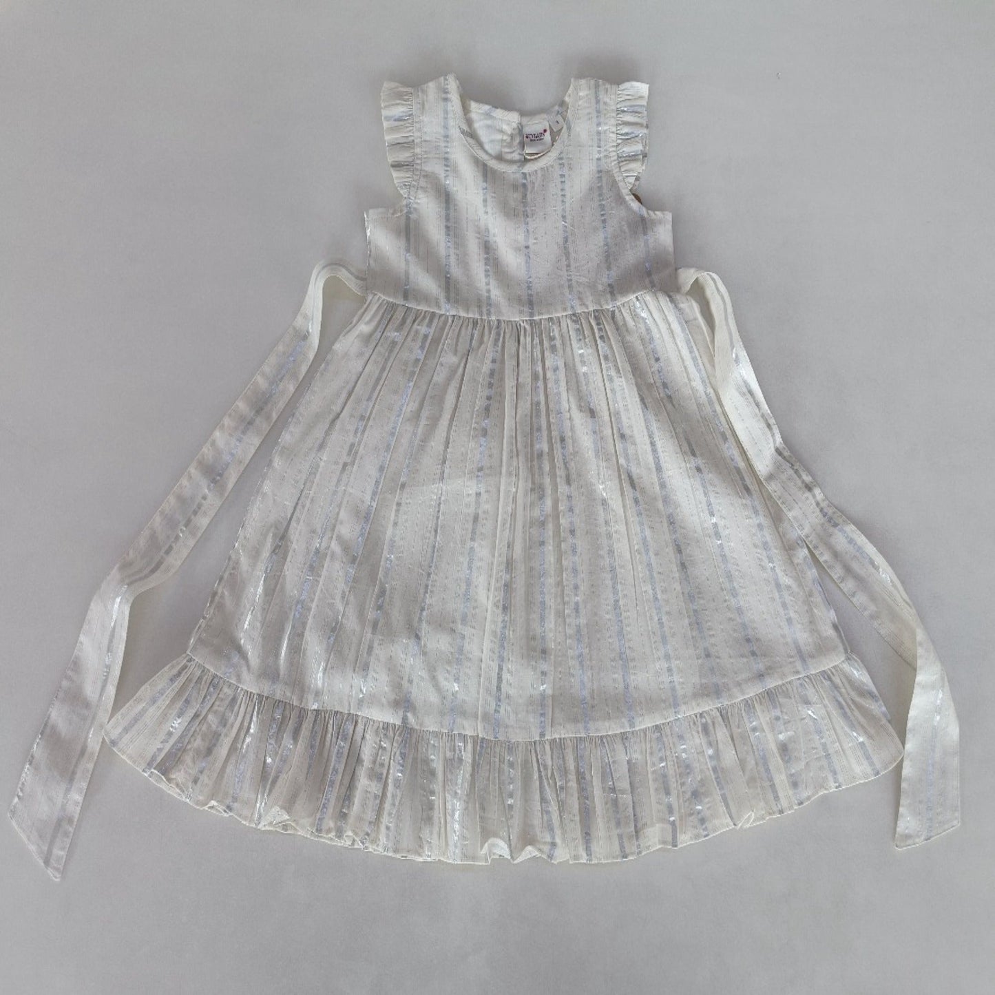 Off-White Silver Color Lurex Sleeve & Bottom Ruffled Gathered Dress