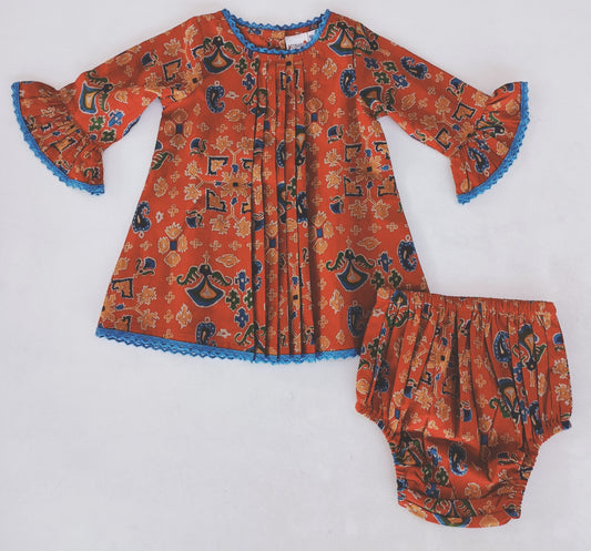 Maroon Printed Dress Long Sleeve With Pleat & Lace Detail  Diaper Cover Set