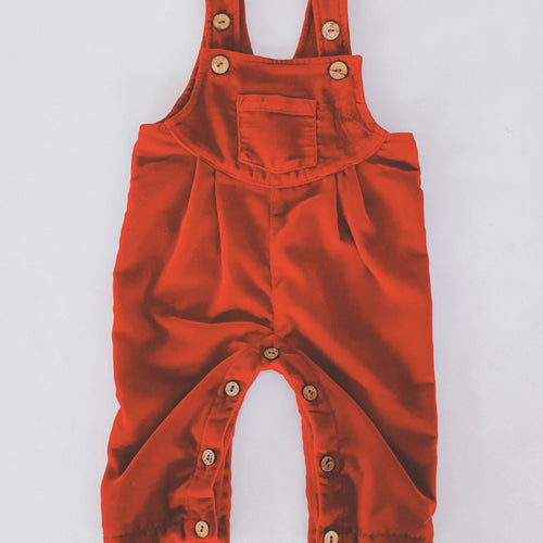 Red Micro Velvet Baby Overall With Pocket & Pleat Detail