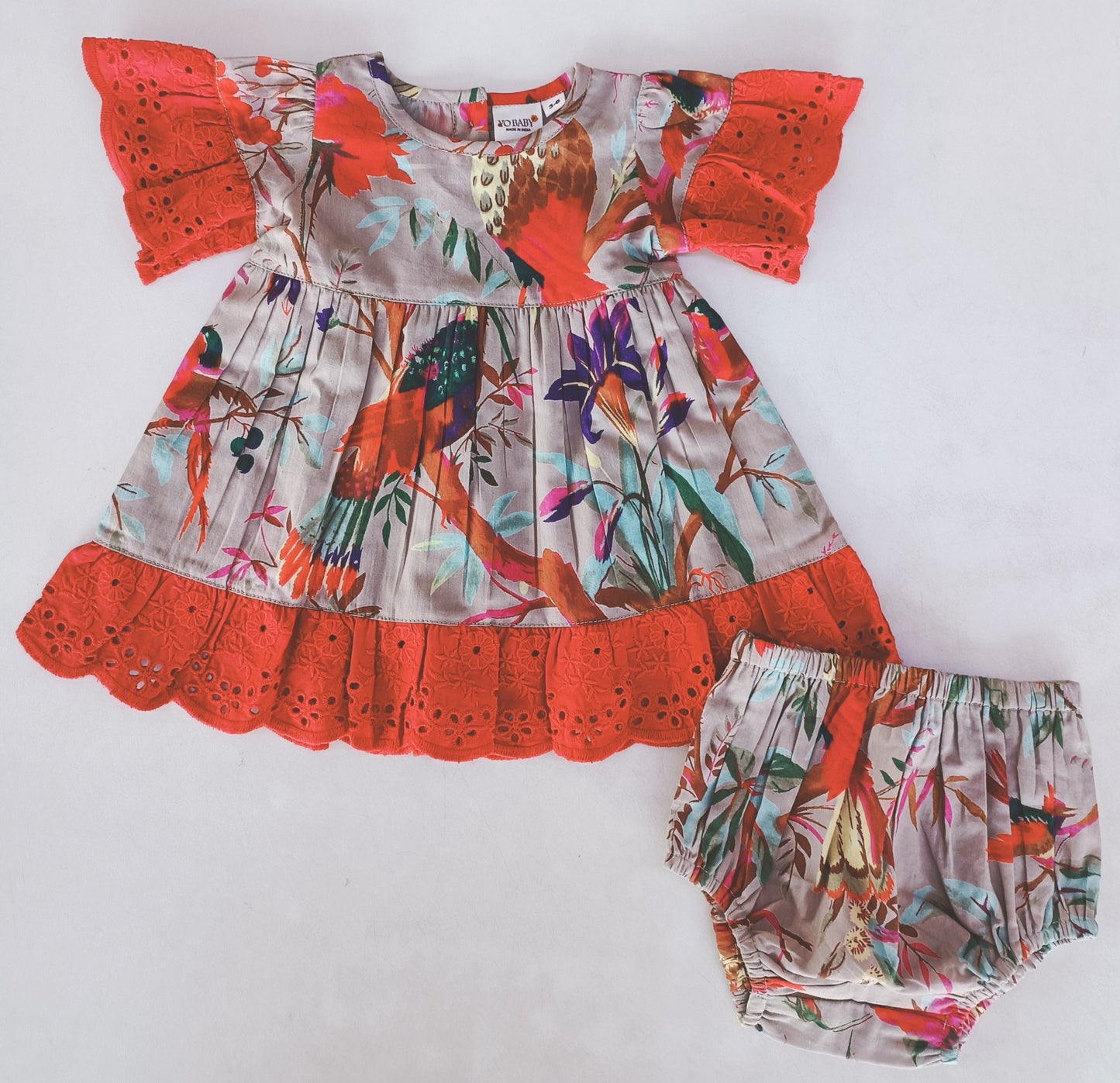 Bird Print Short Sleeves Dress and Bloomers