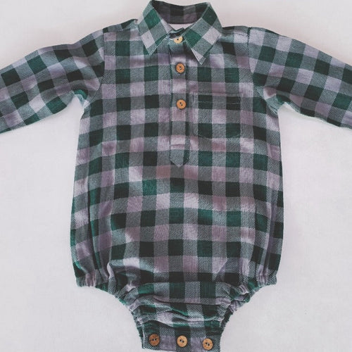 Green Checkered Print Long Sleeve Baby Romper
