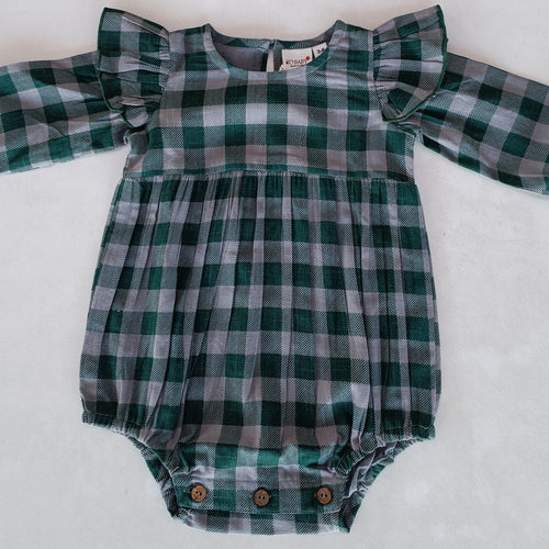 Green Checkered Print Long Sleeve Baby Romper