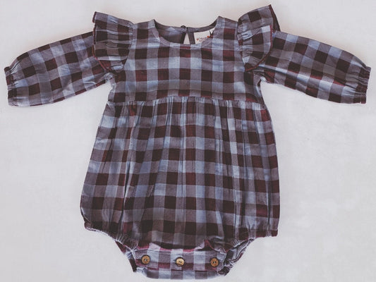 Burgundy Checkered Print Long Sleeve Baby Romper