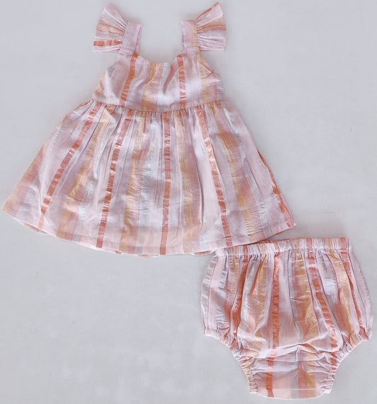 Baby Pink Solid Color Lurex Frill Dress and Bloomers