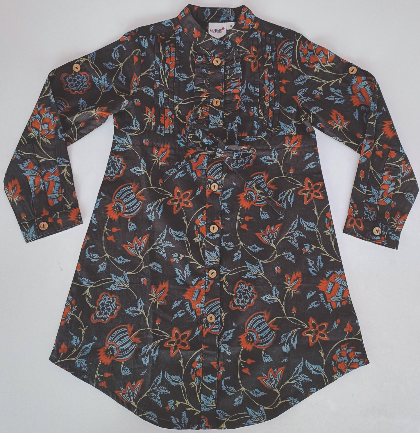 Printed Dress Long Sleeve With Pintuck & drawstring Shirt Dress