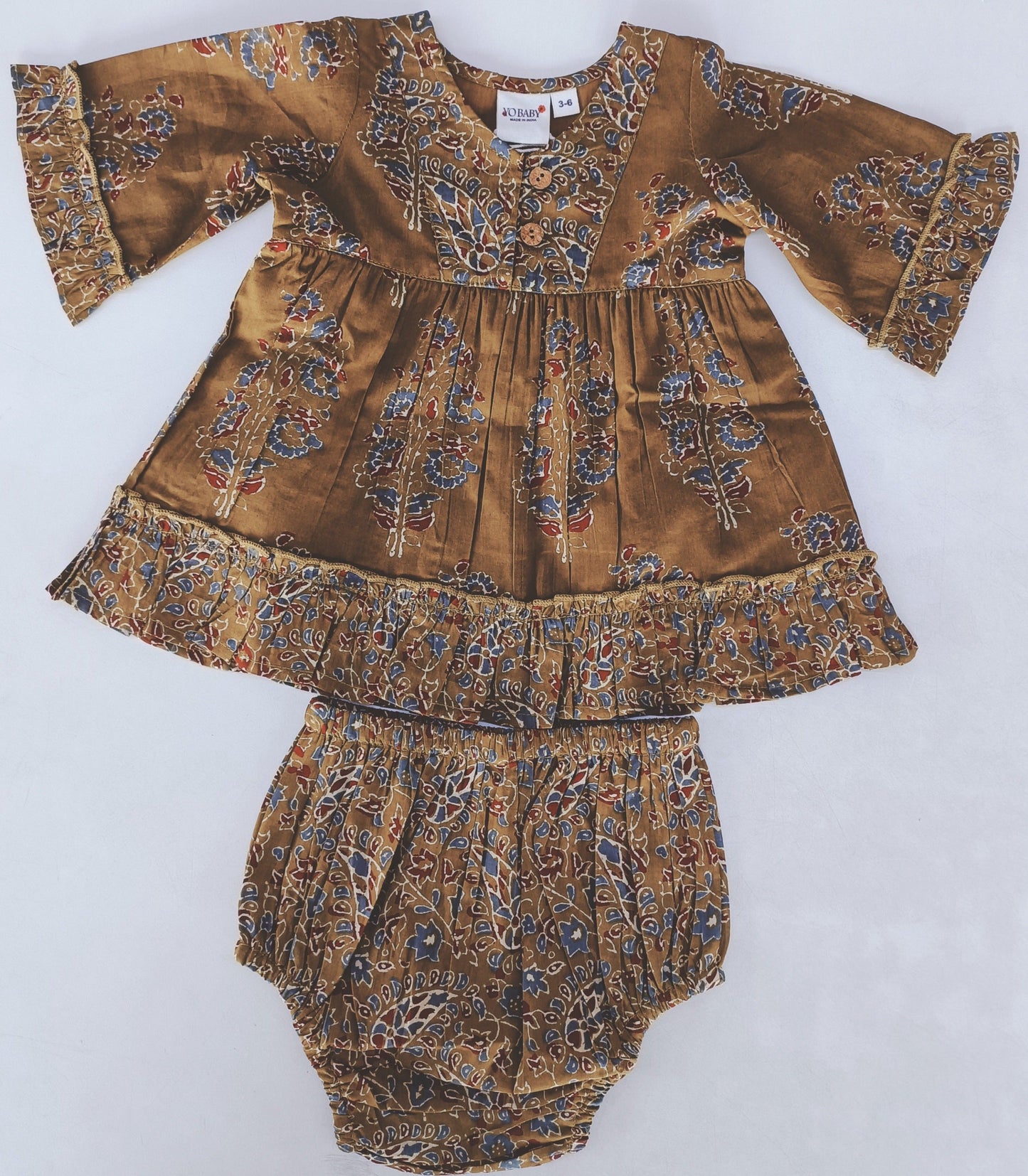Printed Long-Sleeves Ruffle Dress & Diaper Cover Set