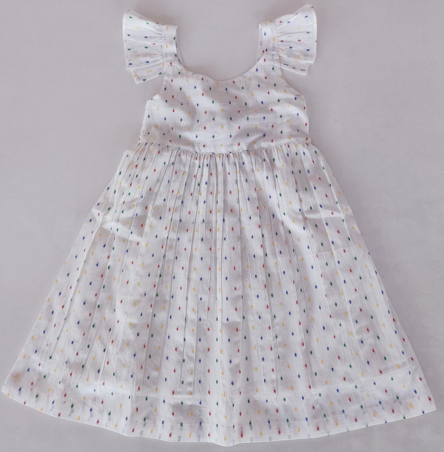 White Multicolor Dot Cotton Dobby Frill Dress