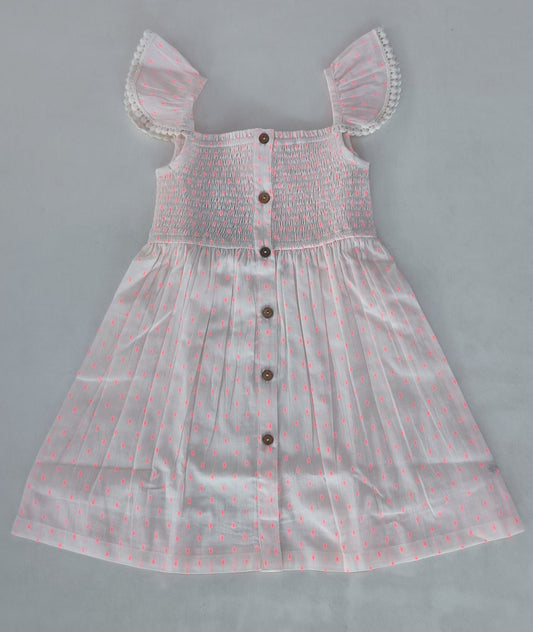 Neon Pink Cotton Dobby Sleeve Ruffle Gathered Dress