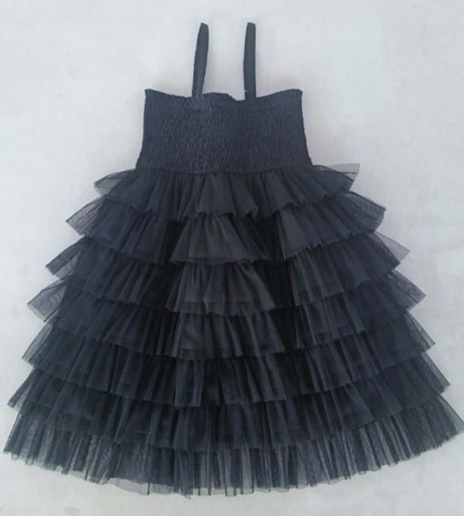 Black Tulle Solid Color Tiered Ruffle Dress