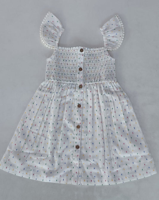 Multi Color Cotton Dobby Sleeve Ruffle Gathered Dress