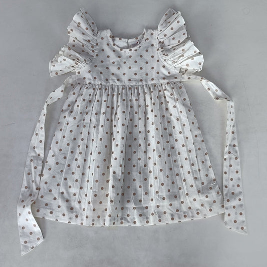 Brown Polka Dot Print Sleeve Ruffle Gathered Dress