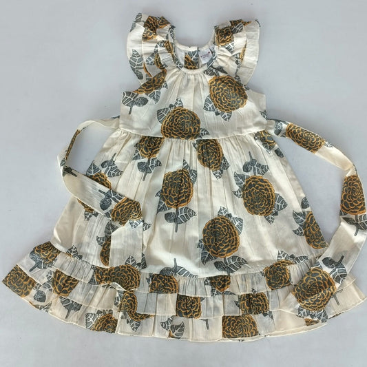 Mustard & Grey Floral Print Sleeve & Bottom Ruffled Gathered Dress
