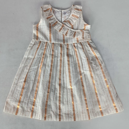 Off-White Gold Color Lurex Neck Ruffled Gathered Dress