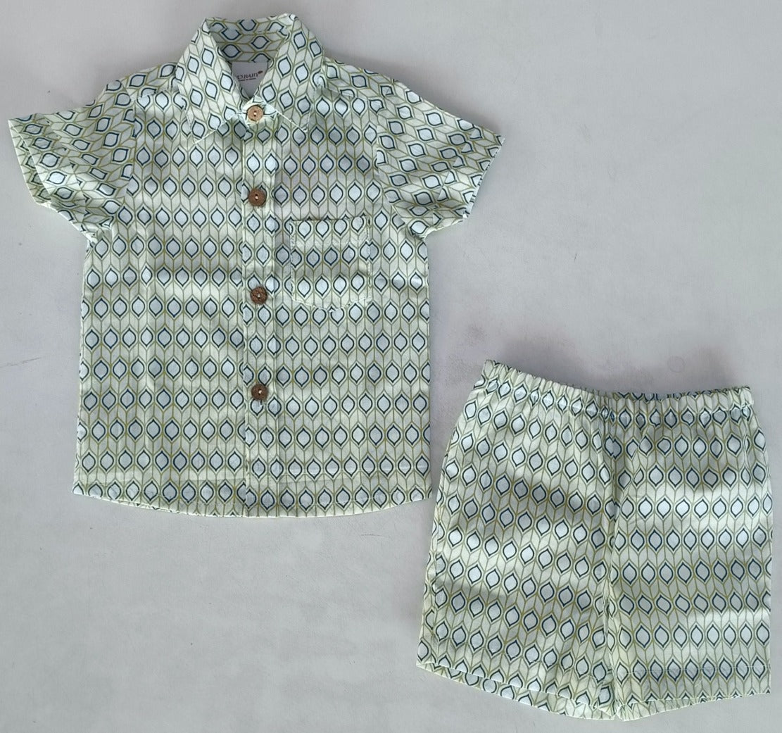 Blue & Sage Geometrical Print Boys Shirt & Shorts set