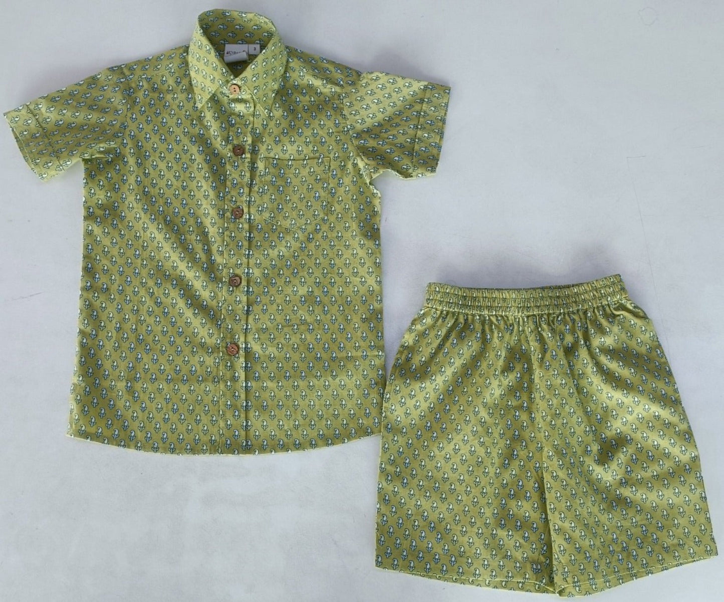 Sage-Green Printed Boys Shirt & Shorts set