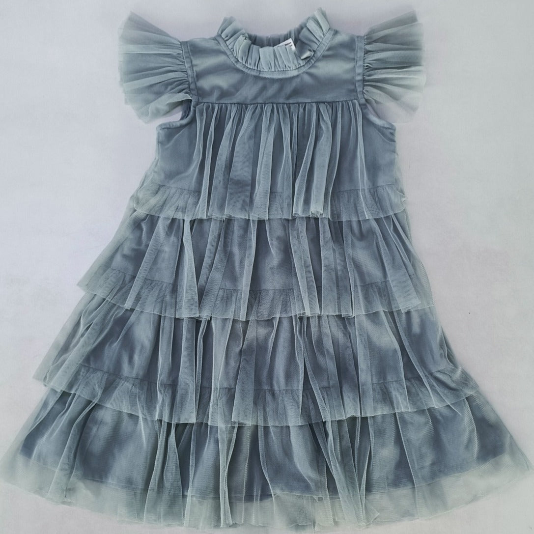 Grey Tulle Solid Color Neck & Sleeve Ruffled Tiered Dress Grey Tulle Solid Color Neck & Sleeve Ruffled Tiered Dress