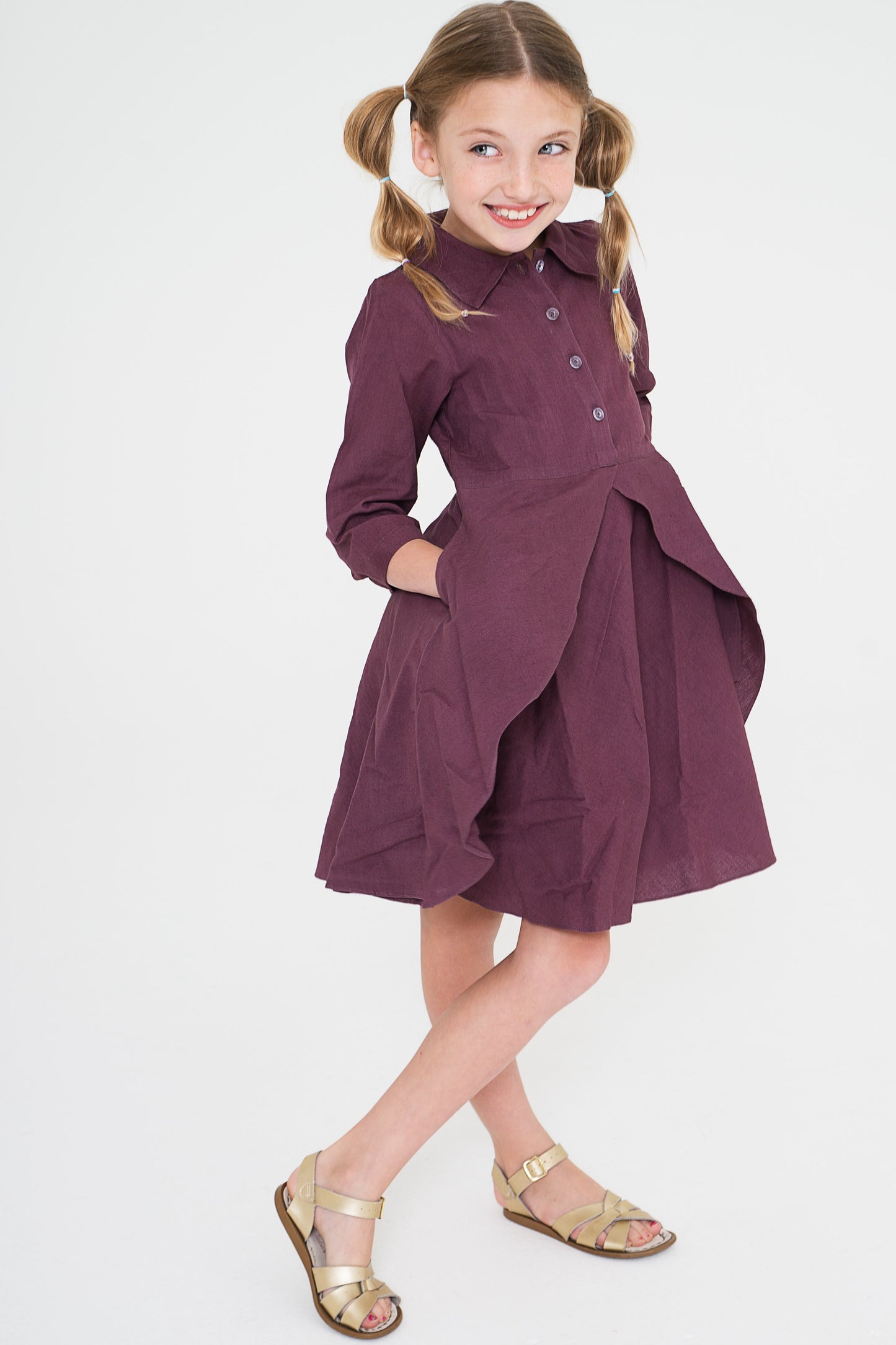 Aubergine Shirt Dress With Flounce Details and Pockets