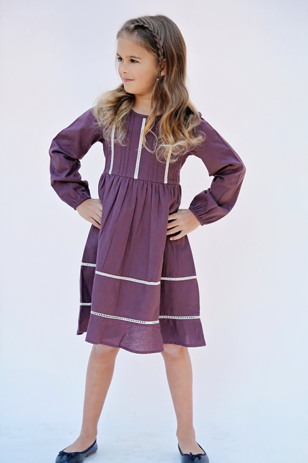 Aubergine Pin-Tuck and Lace Detail Dress