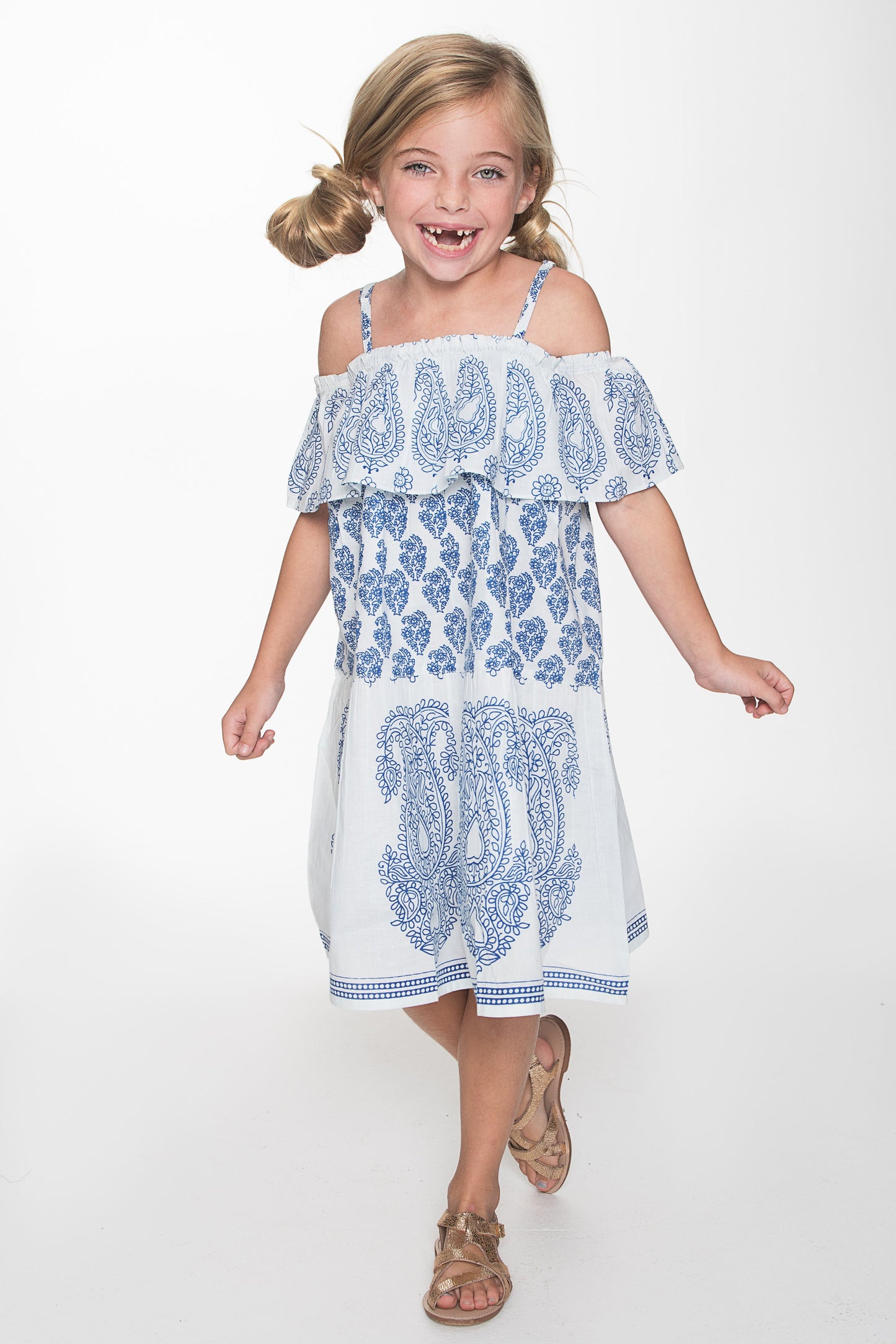 Blue and White Paisley Off-shoulder Dress
