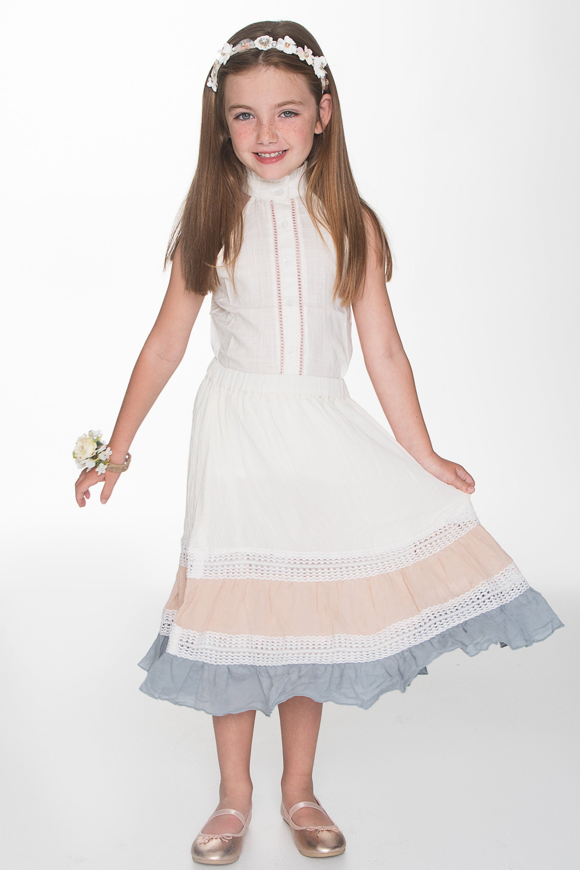 White Blouse and Tri-Colour Skirt with Lace Detail 2pc. set