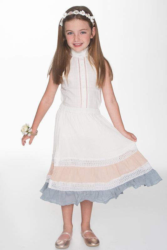 White Blouse and Tri-Colour Skirt with Lace Detail 2pc. set