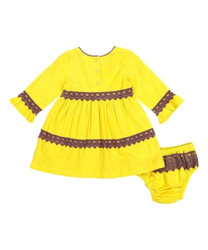 Yellow With Burgundy Lace Detail Swing Dress