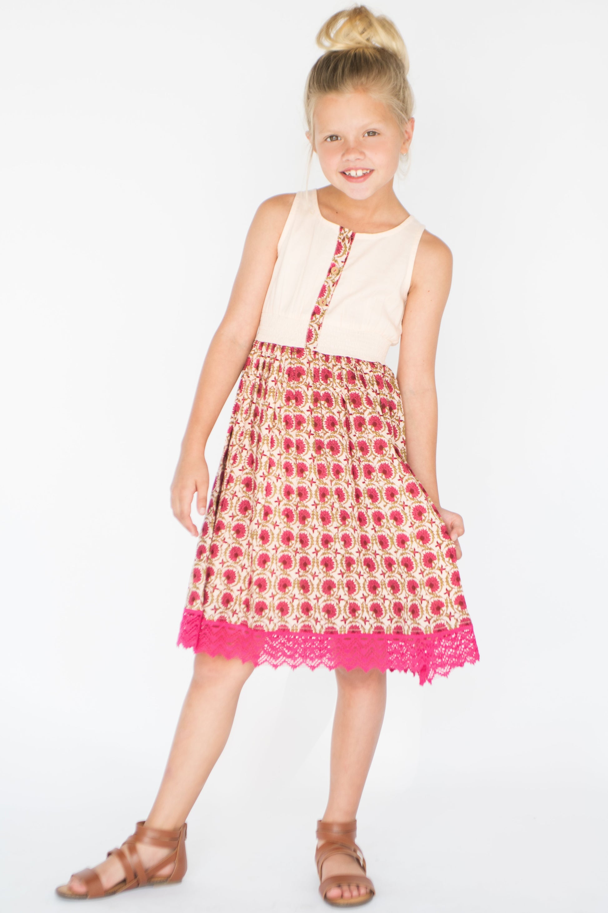 Pink Floral Lace-Trim A-Line Dress