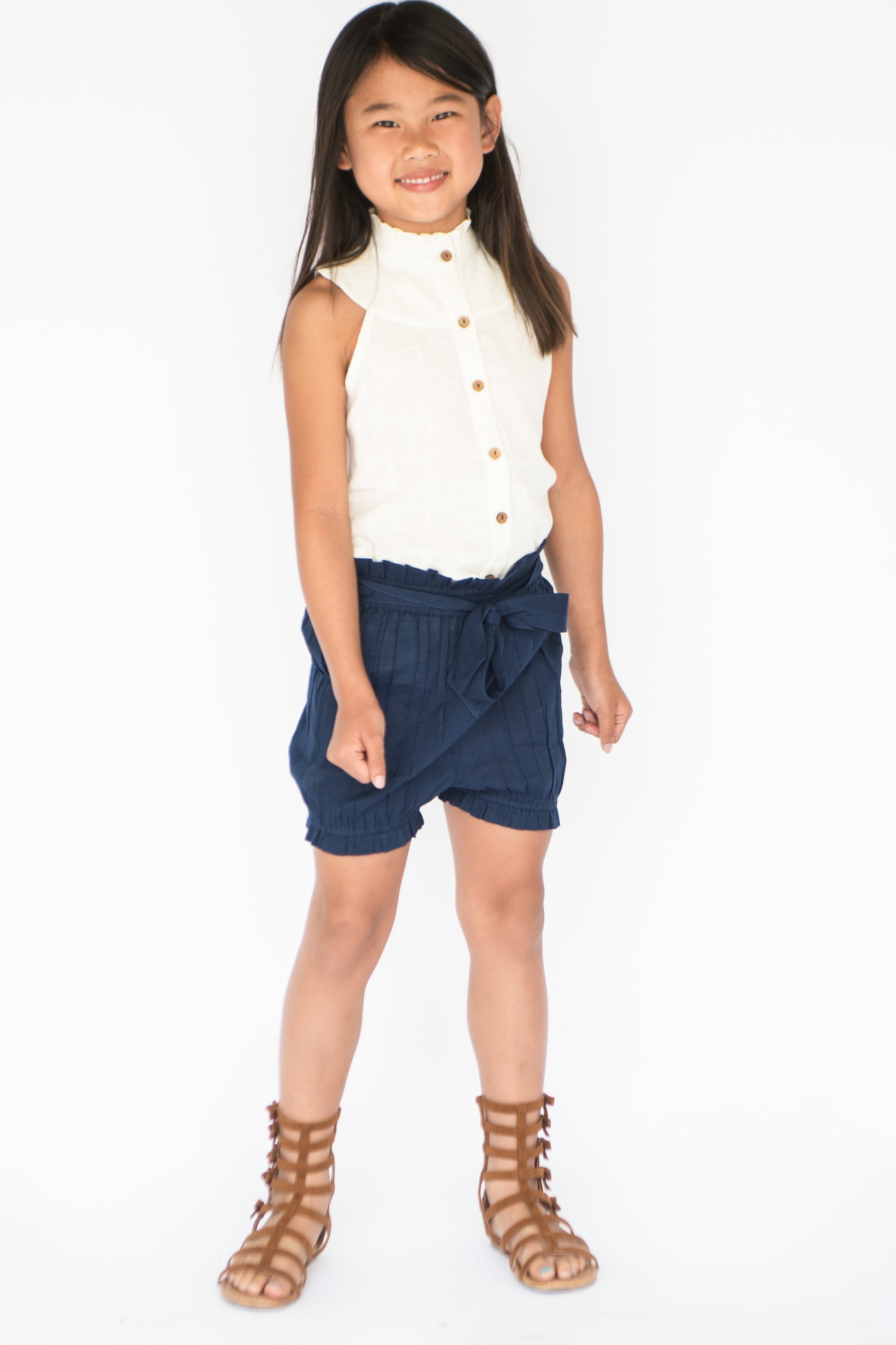 Navy-Blue High Waist Paper Bag style Shorts and Frill Blouse