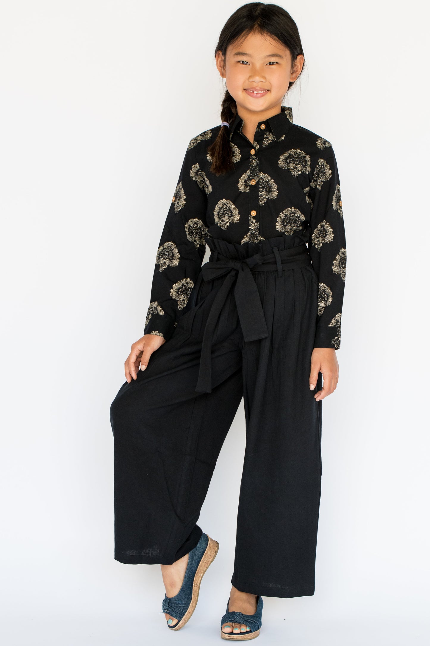Abstract black Button Down Shirt with Black Paper Bag Pants 2 pc. Set