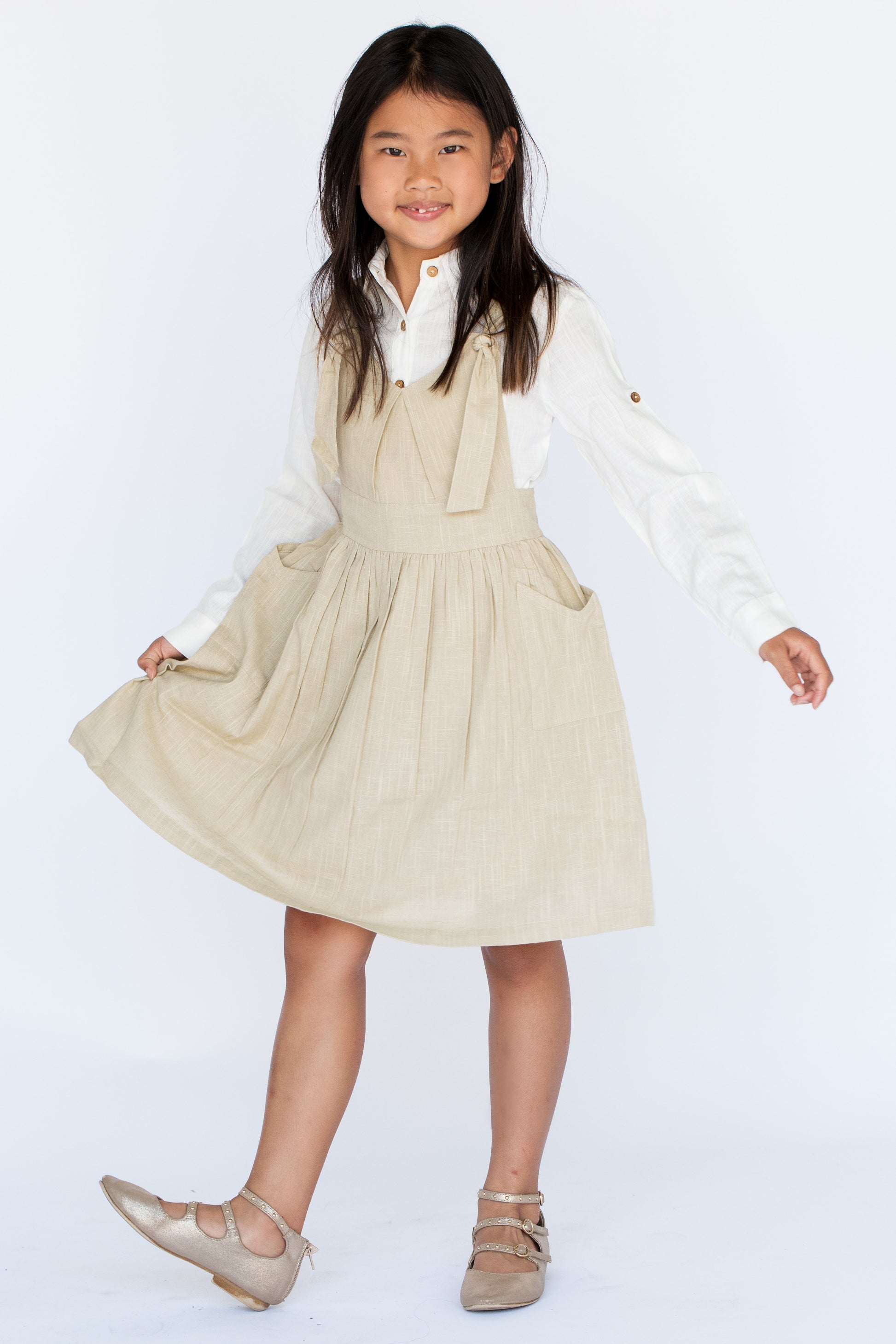 Beige Overall Dress & Shirt Two Piece Set