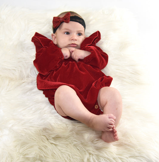 Red Velvet Full Sleeves Ruffle Dress & Diaper Cover