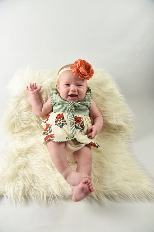 Off-white and Green Pin Stripe With Floral Print Infant Dress with Matching Bloomers