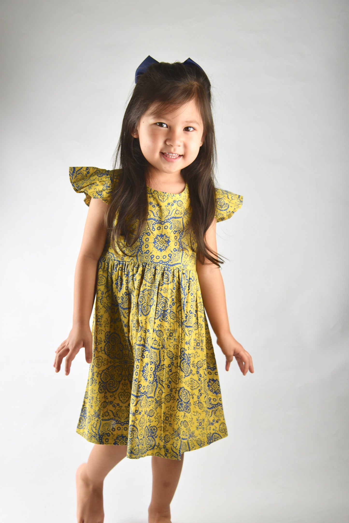 Printed Yellow Flutter Sleeve Dress