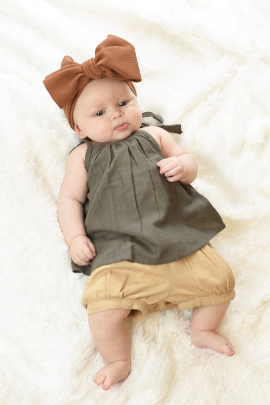 Grey Top with Shoulder Ties & Tan Shorts Set