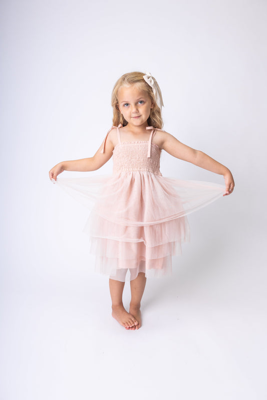 Light Pink Tulle Solid Color Ruffle Dress