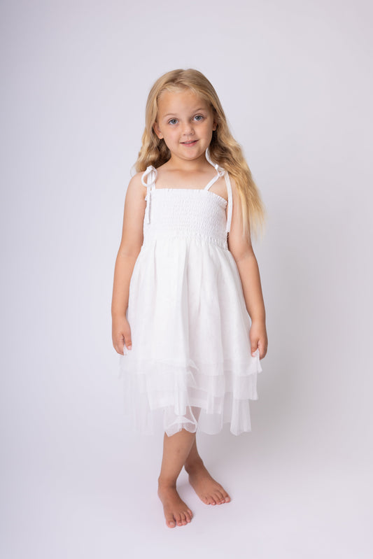 White Tulle Solid Color Ruffle Dress