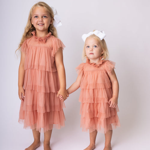 Dark Pink Tulle Neck & Sleeve Ruffled Tiered Dress