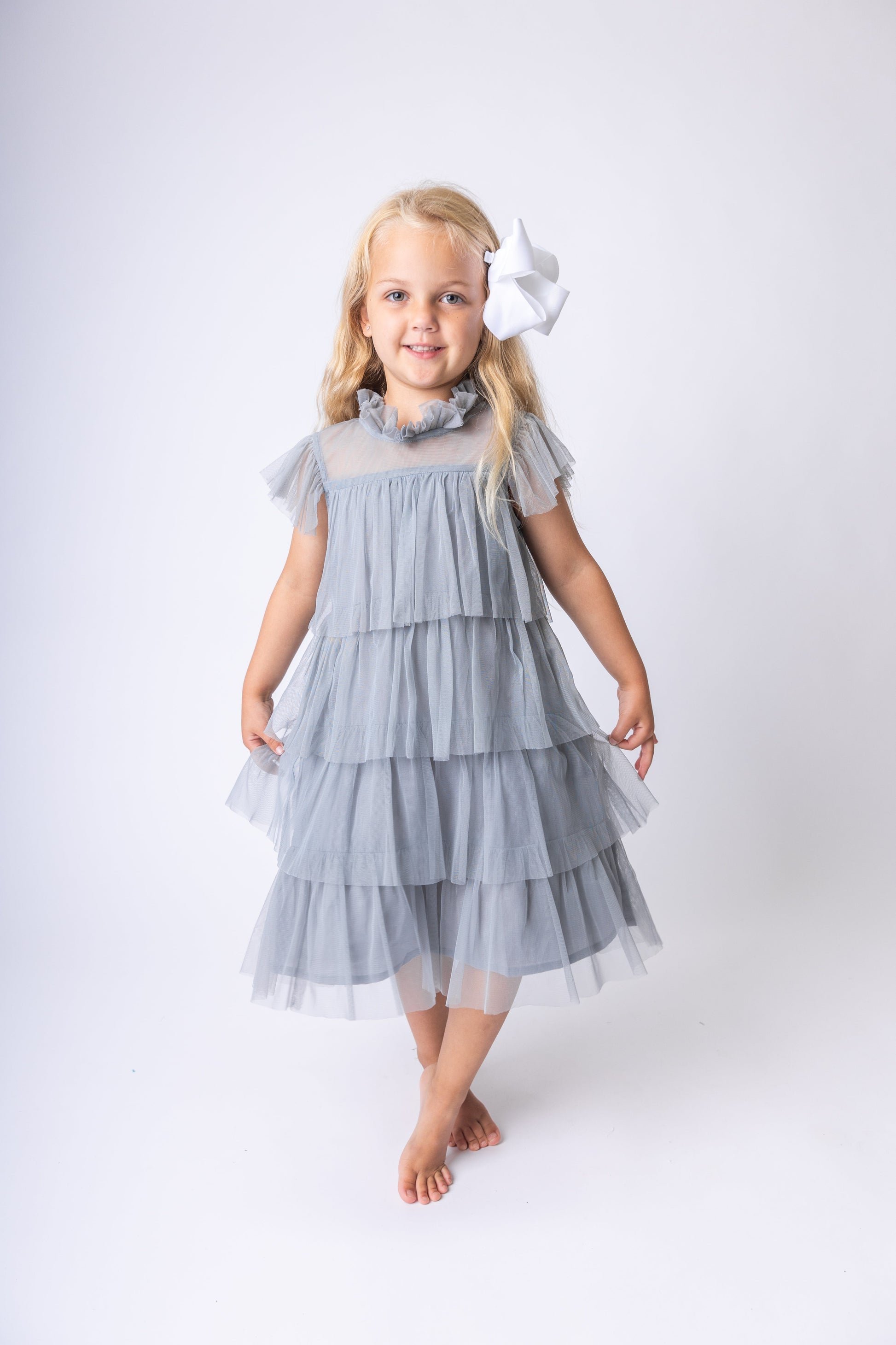 Grey Tulle Solid Color Neck & Sleeve Ruffled Tiered Dress Grey Tulle Solid Color Neck & Sleeve Ruffled Tiered Dress