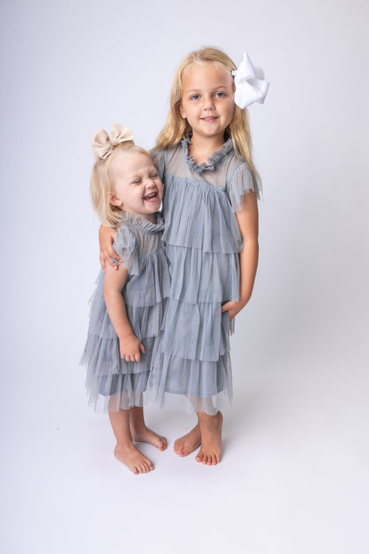 Grey Tulle Solid Color Neck & Sleeve Ruffled Tiered Dress