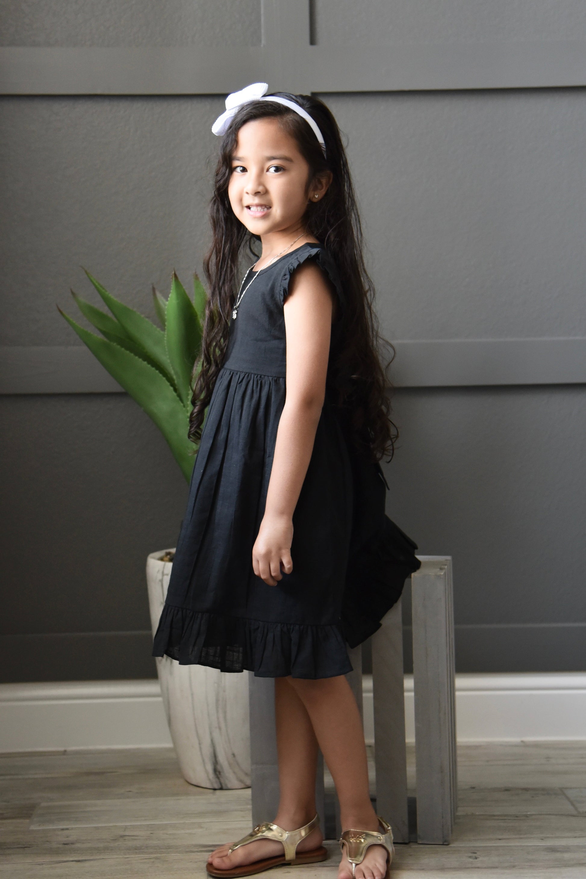 Black Angel Sleeves Shift Dress — Cotton Girls Dress