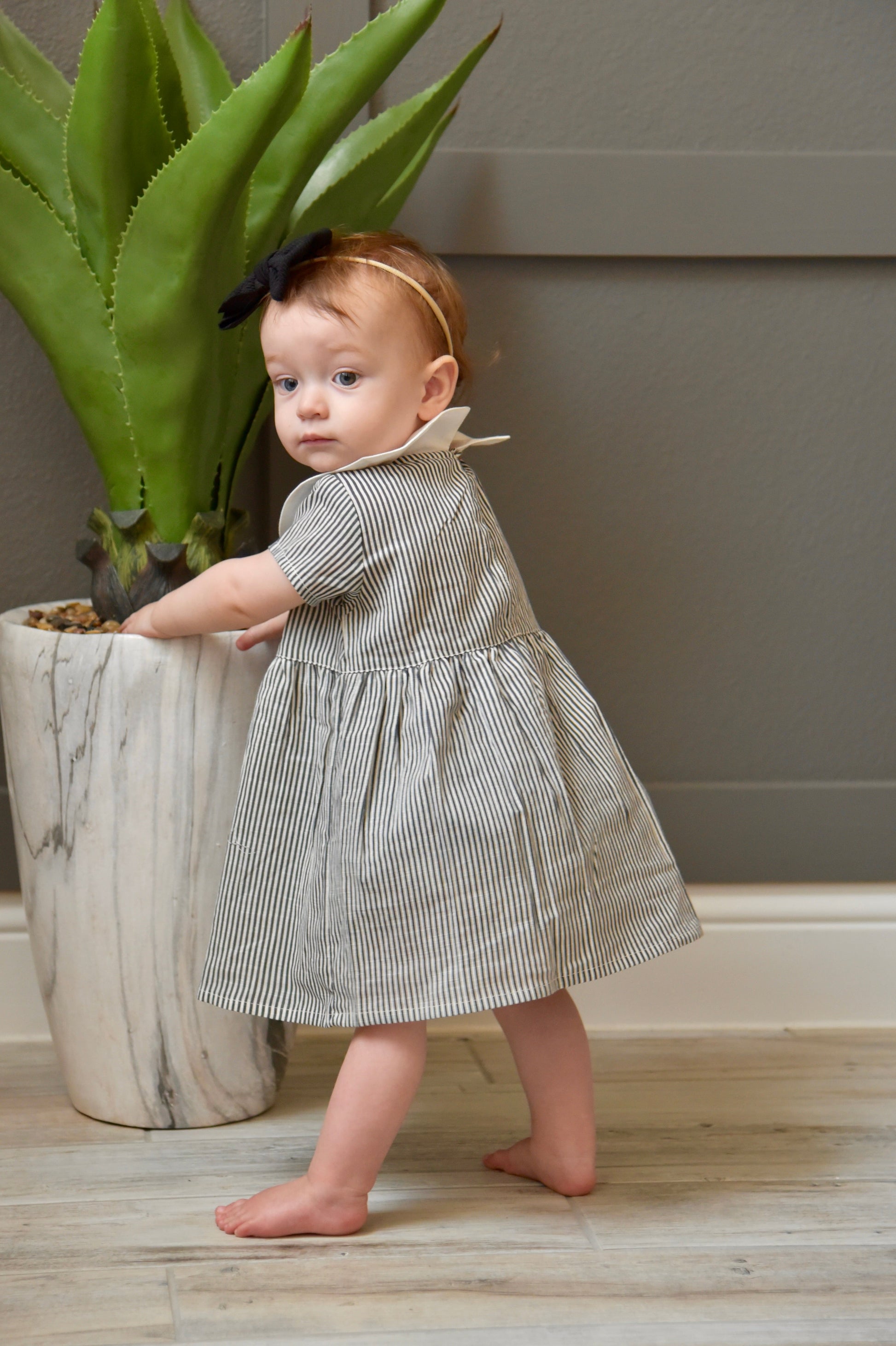 Grey Striped Peter-Pan Collar Dress With Matching Diaper Cover Dress Yo Baby Wholesale 