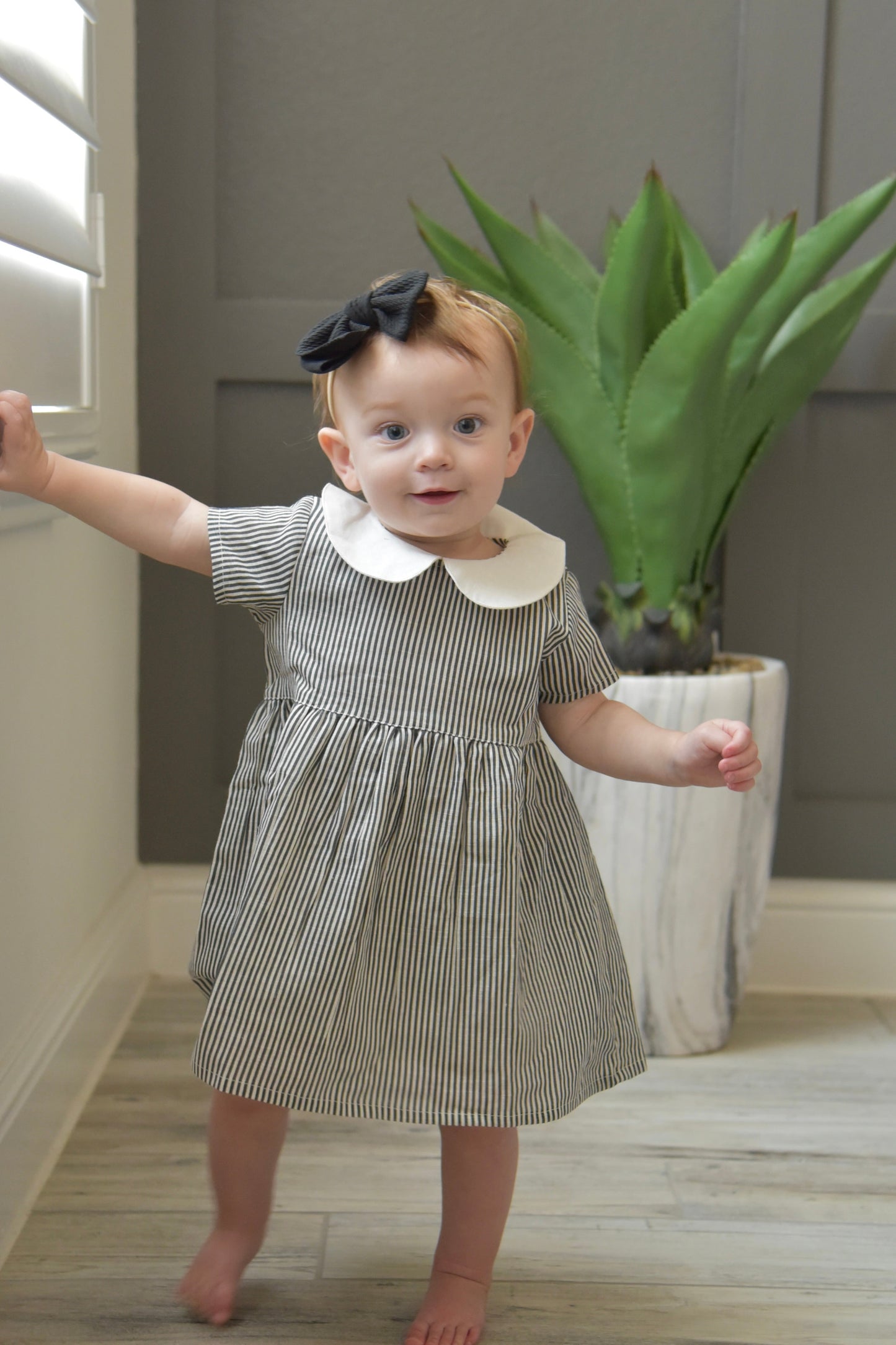 Grey Striped Peter Pan Collar Dress with Matching Diaper Cover — Cotton Baby Girl Set