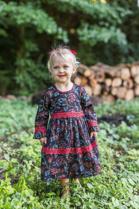 Red & Blue Printed Long Sleeve Lace Detail Dress and Bloomers