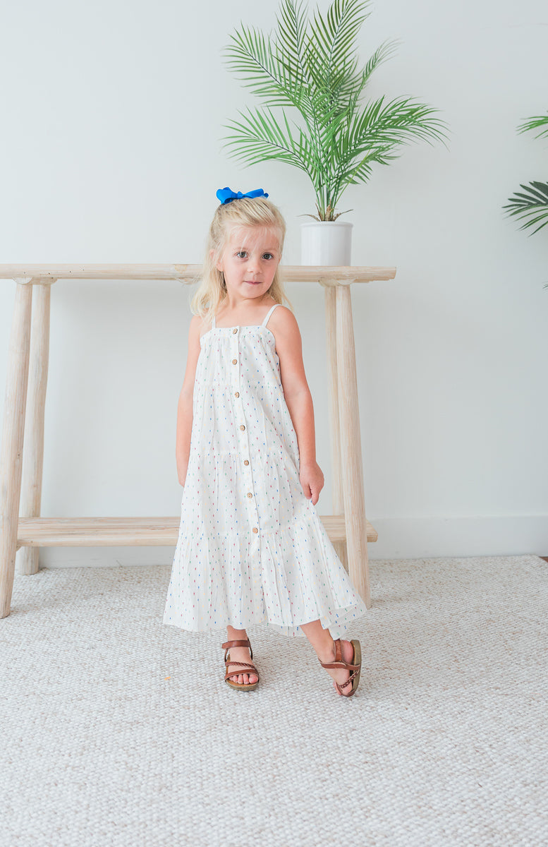 White Multicolor Dot Cotton Dobby Tiered Dress