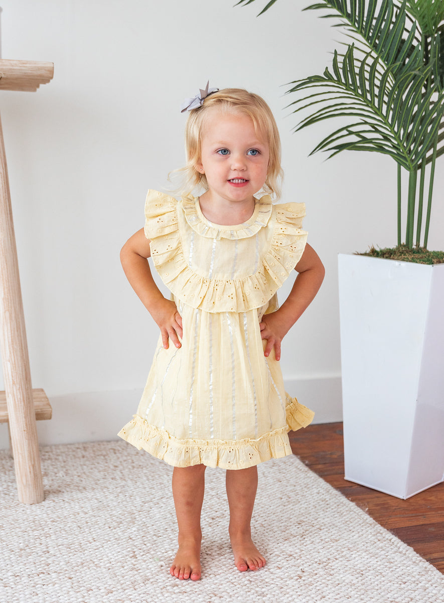 Yellow Lurex Neck Ruffle Dress
