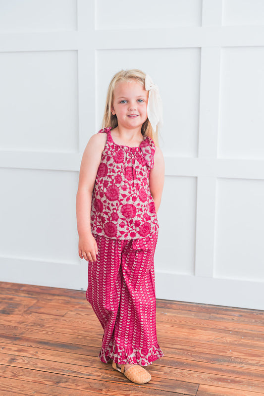 Printed Hot Pink Top with Striped Ruffle Pants 2 pc. Set