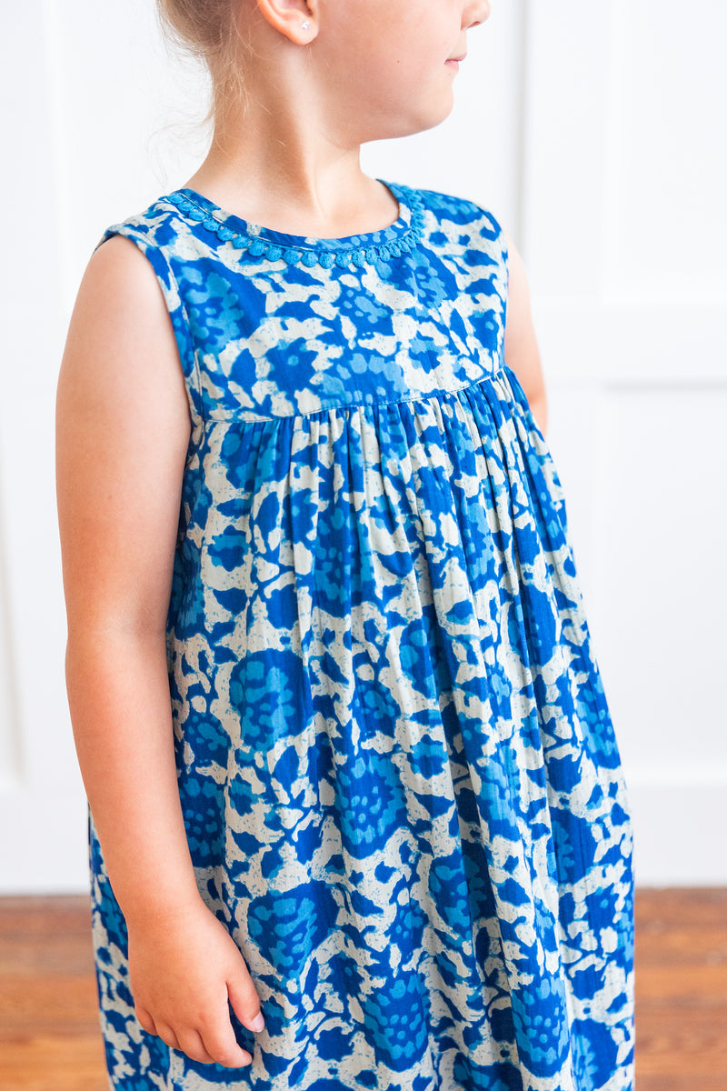 Indigo Floral Shift Dress With Lace Detail
